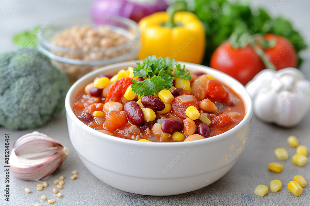 A bowl of chili with beans, corn, and peppers A bowl of chili with beans, corn, and peppers