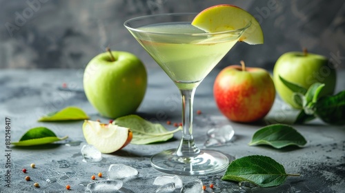 The refreshing green apple martini cocktail, set against a smooth white stone background, showcases the vibrant colors and exquisite presentation of this classic mixed drink. photo