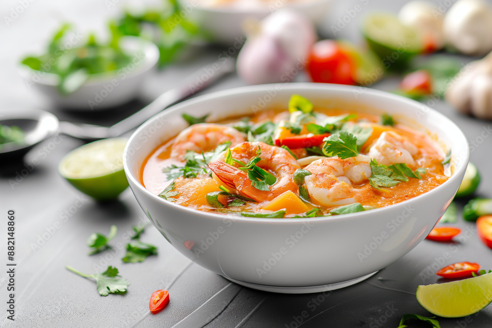A bowl of shrimp soup with a spoon and a lime on the table A bowl of shrimp soup with a spoon and a lime on the table