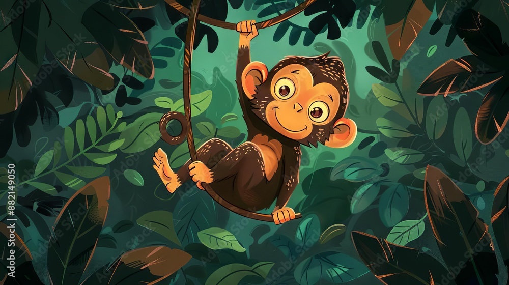 Cute monkey hanging from a vine in the jungle. Stock