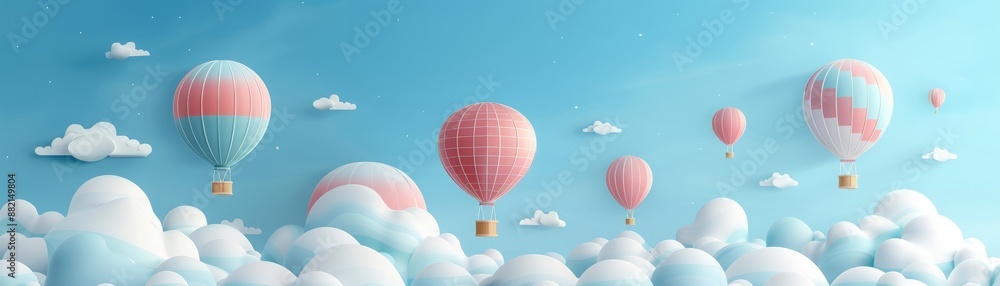 Playful and dreamy scene of pastel-colored hot air balloons floating gracefully in the sky. Playful and dreamy scene of pastel-colored hot air balloons floating gracefully in the sky.