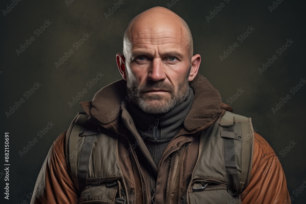 Portrait of a tender man in his 40s dressed in a water-resistant gilet on bare monochromatic room Portrait of a tender man in his 40s dressed in a water-resistant gilet on bare monochromatic room