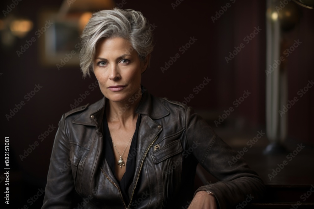 Portrait of a tender woman in her 50s sporting a stylish leather blazer in front of bare monochromatic room Portrait of a tender woman in her 50s sporting a stylish leather blazer in front of bare monochromatic room