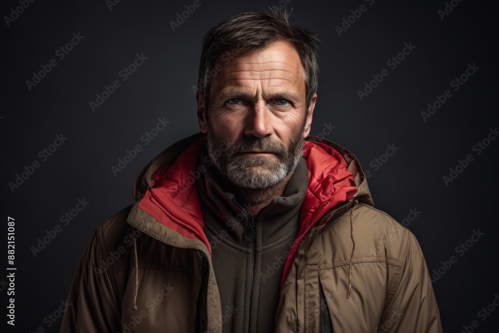 Portrait of a tender man in his 40s dressed in a water-resistant gilet over bare monochromatic room Portrait of a tender man in his 40s dressed in a water-resistant gilet over bare monochromatic room