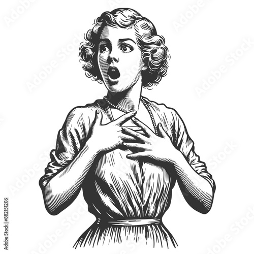 woman with a shocked expression, hands on chest, capturing surprise and emotion sketch engraving generative ai fictional character vector illustration. Scratch board imitation. Black and white image.