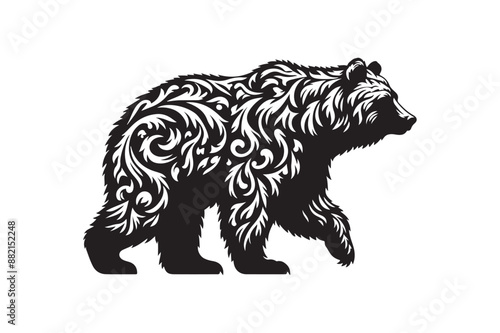 grizzly bear in modern tribal tattoo, abstract line art of animals