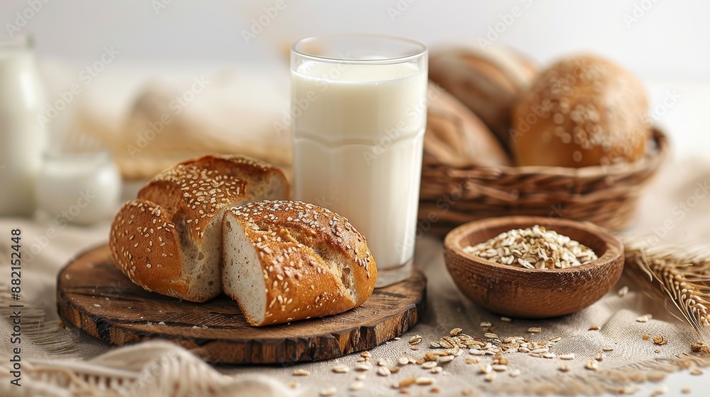 Nutritious Breakfast Essentials - Milk and Bread on White Background, Healthy Food Concept Nutritious Breakfast Essentials - Milk and Bread on White Background, Healthy Food Concept