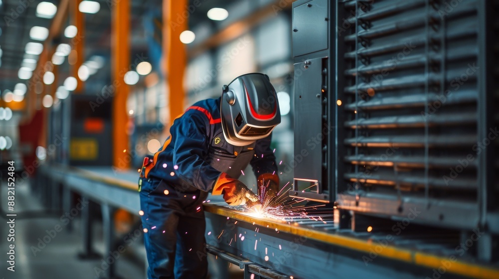 Skilled Welder Using MAG Welding Machine to Weld Stainless Steel Partition in Modern Production Hall Skilled Welder Using MAG Welding Machine to Weld Stainless Steel Partition in Modern Production Hall