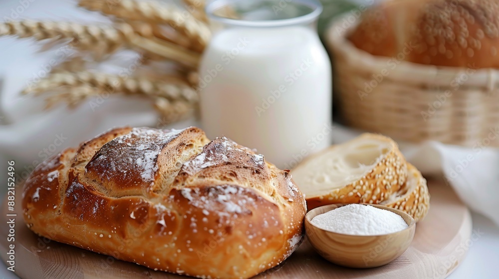 Nutritious Breakfast Essentials - Milk and Bread on White Background, Healthy Food Concept Nutritious Breakfast Essentials - Milk and Bread on White Background, Healthy Food Concept