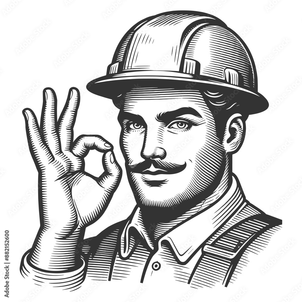 Obraz premium construction worker with a helmet making an okay gesture, safety and approval sketch engraving generative ai fictional character vector illustration. Scratch board imitation. Black and white image.