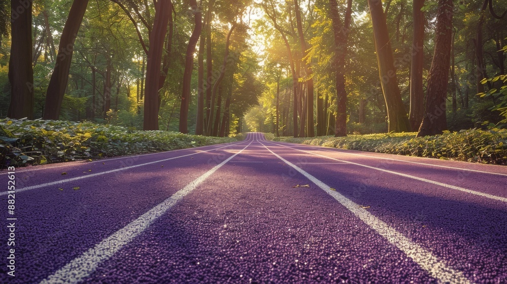 Obraz premium A sunny scene surrounded by purple running tracks and green trees