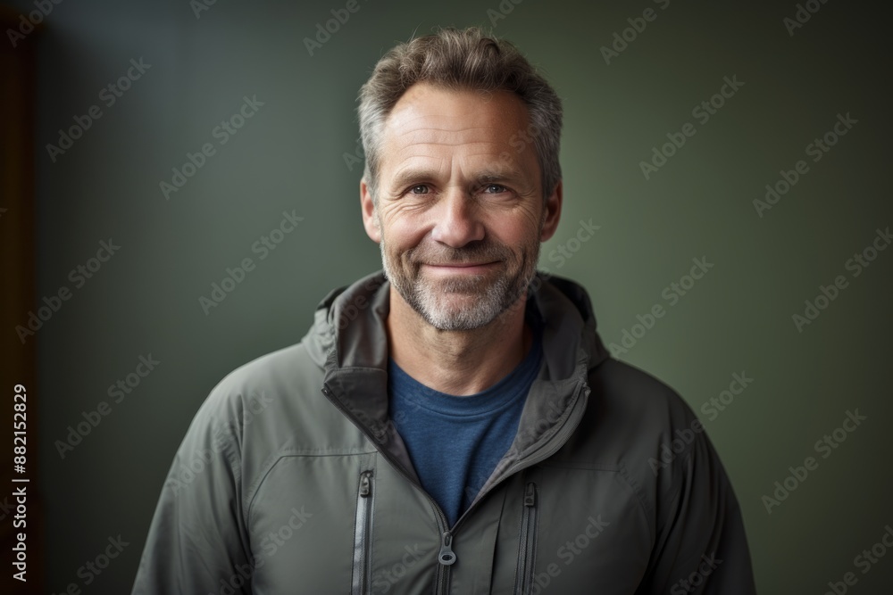 Obraz premium Portrait of a satisfied man in his 50s sporting a breathable hiking shirt on bare monochromatic room
