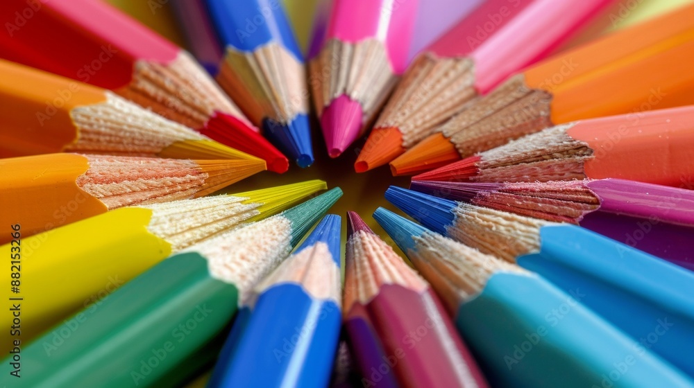 Colored pencils arranged in a circular pattern Colored pencils arranged in a circular pattern