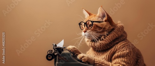 A cat portraying a writer, wearing glasses and a cozy sweater, typing on an oldfashioned typewriter, against a light brown background with copy space
