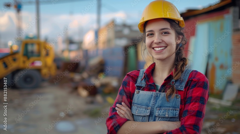 Confident Female Construction Worker in Plaid Red Shirt and Denim Overalls, Smiling with Arms Crossed, Wearing Yellow Helmet, Construction Site in Background Confident Female Construction Worker in Plaid Red Shirt and Denim Overalls, Smiling with Arms Crossed, Wearing Yellow Helmet, Construction Site in Background