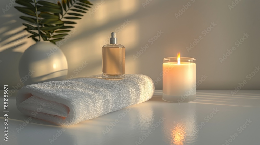 Elegant Glass Candle with Cologne Scent, Neat White Towel, and Mini Cologne Bottle on Minimalist Background, Surreal High-Definition Composition with Bright Colors and 8K Visual Effect Elegant Glass Candle with Cologne Scent, Neat White Towel, and Mini Cologne Bottle on Minimalist Background, Surreal High-Definition Composition with Bright Colors and 8K Visual Effect