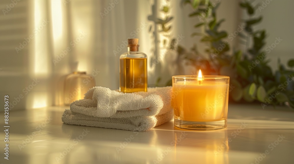 Elegant Glass Candle with Cologne Scent, Neat White Towel, and Mini Cologne Bottle on Minimalist Background, Surreal High-Definition Composition with Bright Colors and 8K Visual Effect Elegant Glass Candle with Cologne Scent, Neat White Towel, and Mini Cologne Bottle on Minimalist Background, Surreal High-Definition Composition with Bright Colors and 8K Visual Effect