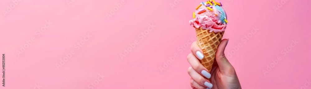 A hand holding a colorful ice cream cone with a solid pink background, leaving ample copy space A hand holding a colorful ice cream cone with a solid pink background, leaving ample copy space