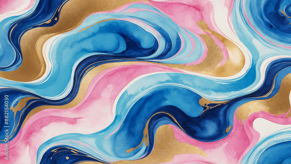 Abstract blue and pink liquid watercolor background with golden stains. Color swirls waves, soft in colours. Modern mobile phone screen wallpaper, banner, poster, wedding card Abstract blue and pink liquid watercolor background with golden stains. Color swirls waves, soft in colours. Modern mobile phone screen wallpaper, banner, poster, wedding card