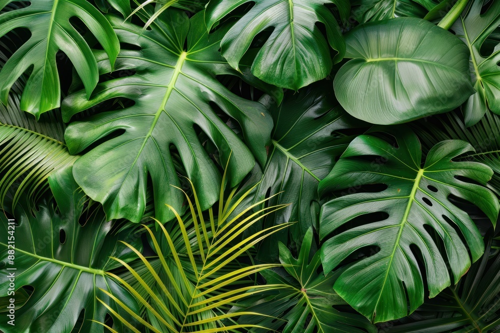 Fototapeta premium Tropical leaves Monstera and palm tree leaf. Flat lay, top view