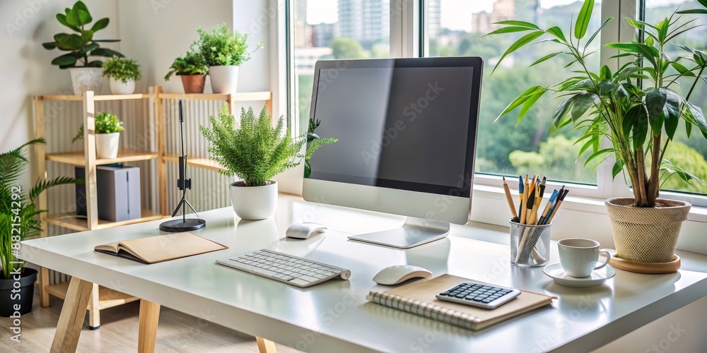 Modern Minimalist Office Workspace with Plants and a Computer, Plants , Office Decor , Home Office , Desk Modern Minimalist Office Workspace with Plants and a Computer, Plants , Office Decor , Home Office , Desk