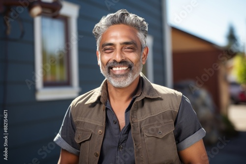 Portrait of a happy indian man in his 50s wearing a rugged jean vest in front of stylized simple home office background