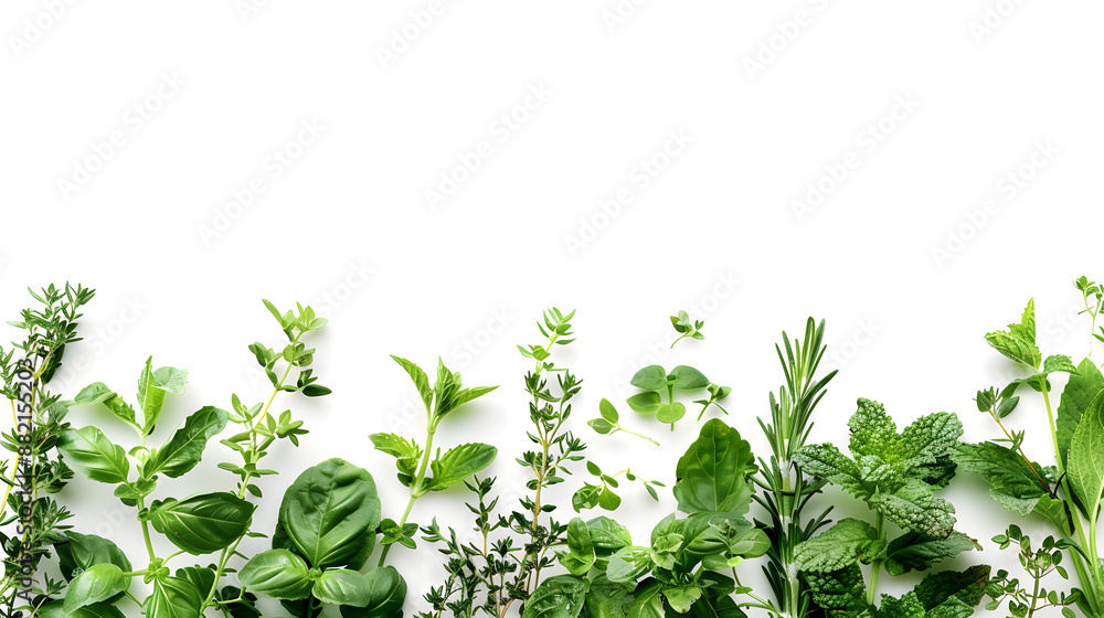 Obraz premium vibrant assortment of fresh herbs,meticulously arranged,showcases their natural beauty. Bright green basil leaves,with their sweet and spicy aroma,sit alongside fragrant rosemary sprigs.Delicate thyme