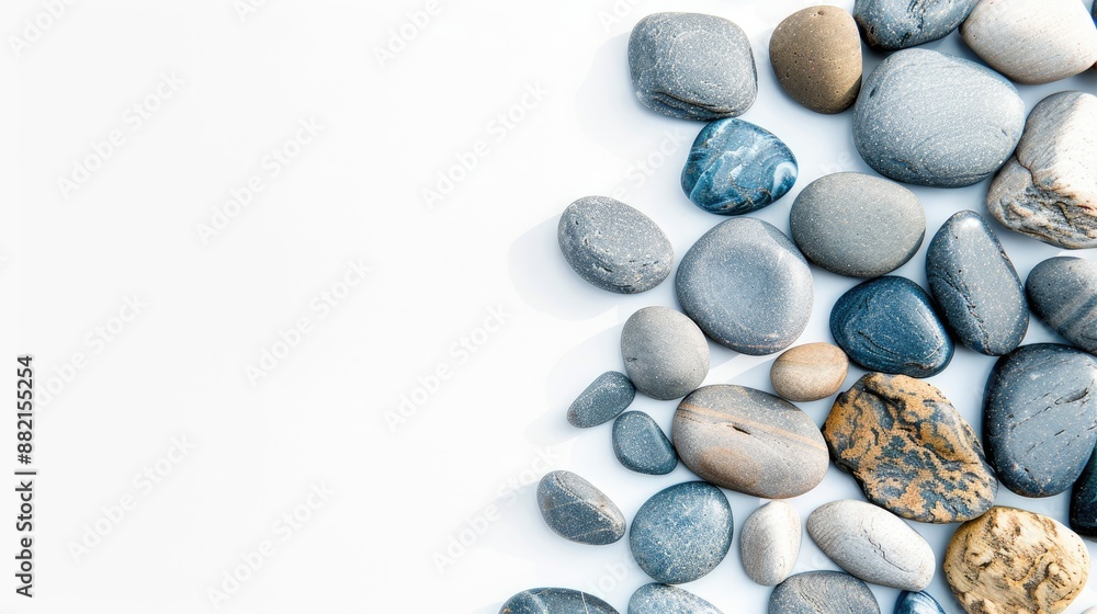 Sea pebbles on white background with copy space Aerial view in a banner format Sea pebbles on white background with copy space Aerial view in a banner format