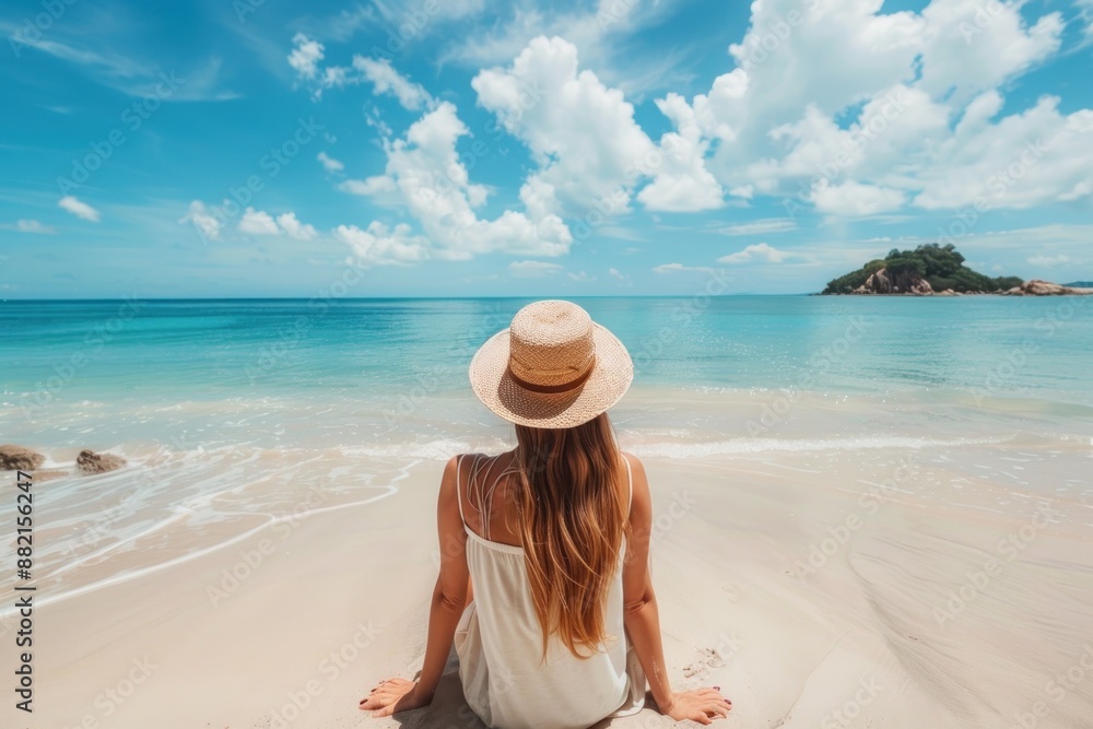 Young beautiful tourist female relaxing on vacation at the beach. Summer, travel and holiday concept Young beautiful tourist female relaxing on vacation at the beach. Summer, travel and holiday concept