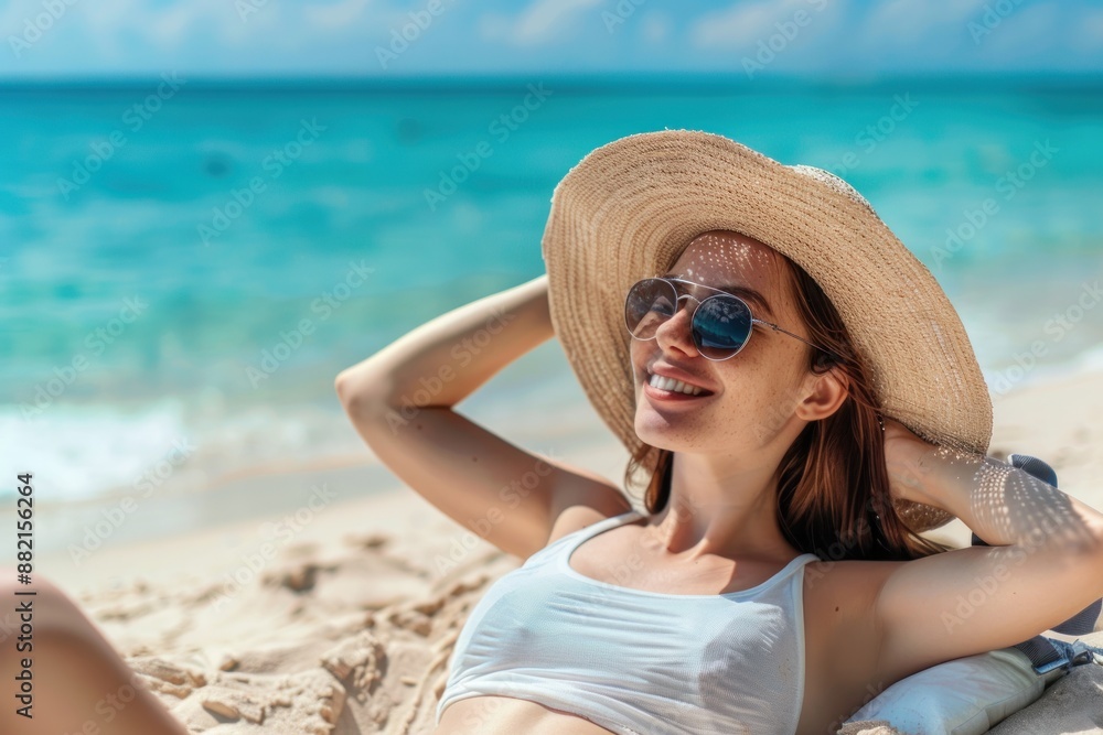 Young beautiful tourist female relaxing on vacation at the beach. Summer, travel and holiday concept