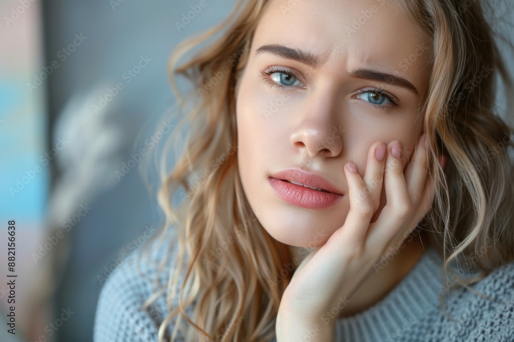 Young woman has a toothache touching her swollen cheek. Health care, tooth disease concept Young woman has a toothache touching her swollen cheek. Health care, tooth disease concept