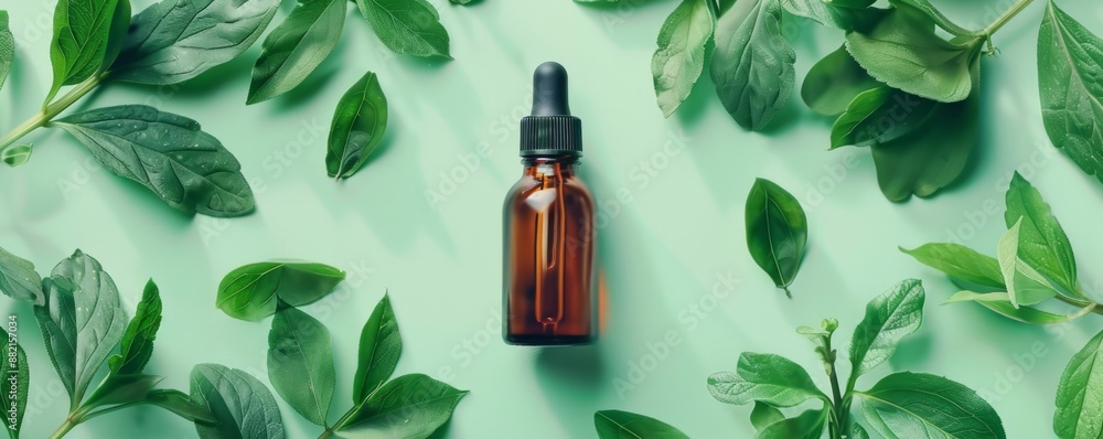 Brown dropper bottle with essential oil surrounded by green leaves on a light green background. Natural skincare and wellness concept. Brown dropper bottle with essential oil surrounded by green leaves on a light green background. Natural skincare and wellness concept.