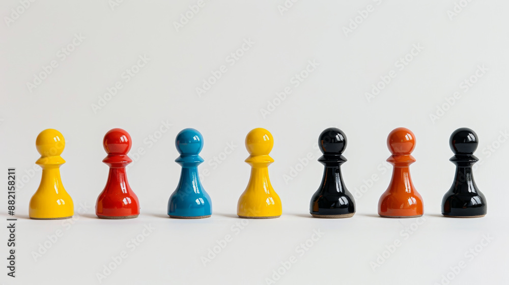 Pawns of different colors are shown on a white background. This represents the idea of social inclusion. Pawns of different colors are shown on a white background. This represents the idea of social inclusion.