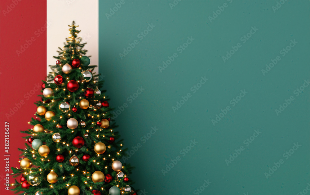 A Christmas tree with gold and red ornaments sits in front of a green wall A Christmas tree with gold and red ornaments sits in front of a green wall