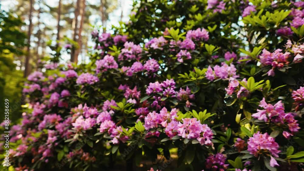 A peaceful atmosphere is created by blooming purple rhododendron flowers in a forest, setting a serene scene
