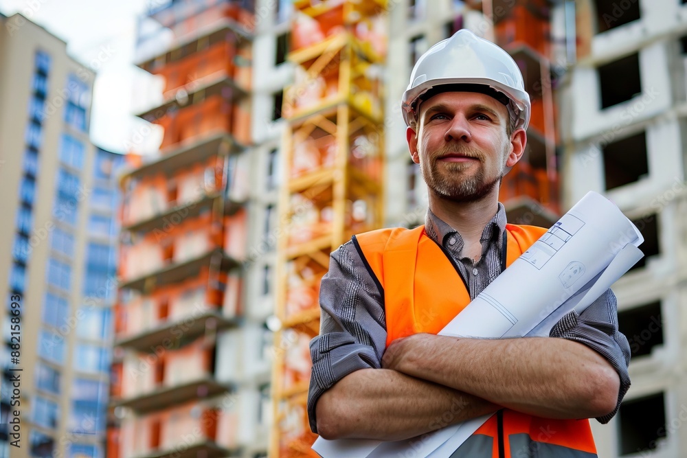 A professional architect holding a rolled-up blueprint, standing confidently on a construction site with an emerging building in the background, wearing a hard hat and safety vest A professional architect holding a rolled-up blueprint, standing confidently on a construction site with an emerging building in the background, wearing a hard hat and safety vest