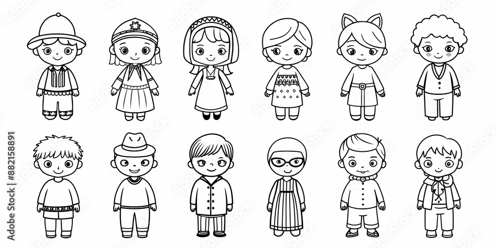 Minimalist children illustration with various playful and charming outfits Minimalist children illustration with various playful and charming outfits