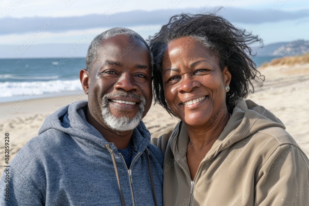 Portrait of a happy afro-american couple in their 60s wearing a zip-up fleece hoodie over sandy beach background Portrait of a happy afro-american couple in their 60s wearing a zip-up fleece hoodie over sandy beach background