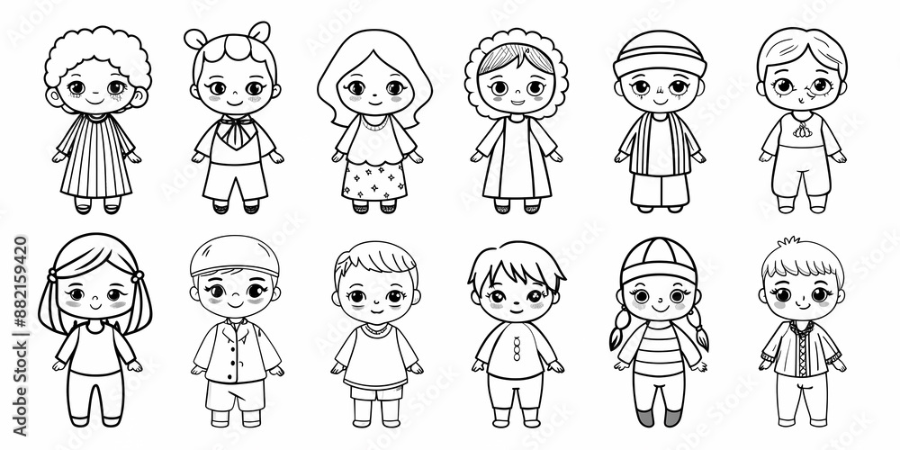 Minimalist children illustration with various playful and charming outfits Minimalist children illustration with various playful and charming outfits