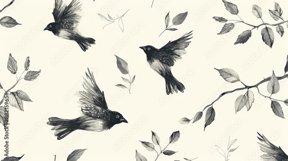 Fototapeta premium A minimalist wallpaper with a pattern of simple line art birds and feathers