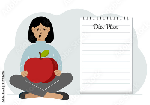 Diet plan illustration. A woman sits cross-legged and holds a large red apple. The concept of diet food, meal planning, nutrition consultation. Vector flat illustration