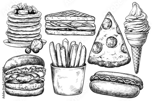 Fast food set hand drawn vintage vector sketch drawing	