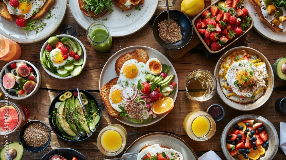 A bustling brunch setting with an assortment of dishes such as avocado toast, eggs benedict, fruit bowls, and mimosas, enjoyed by friends. A bustling brunch setting with an assortment of dishes such as avocado toast, eggs benedict, fruit bowls, and mimosas, enjoyed by friends.