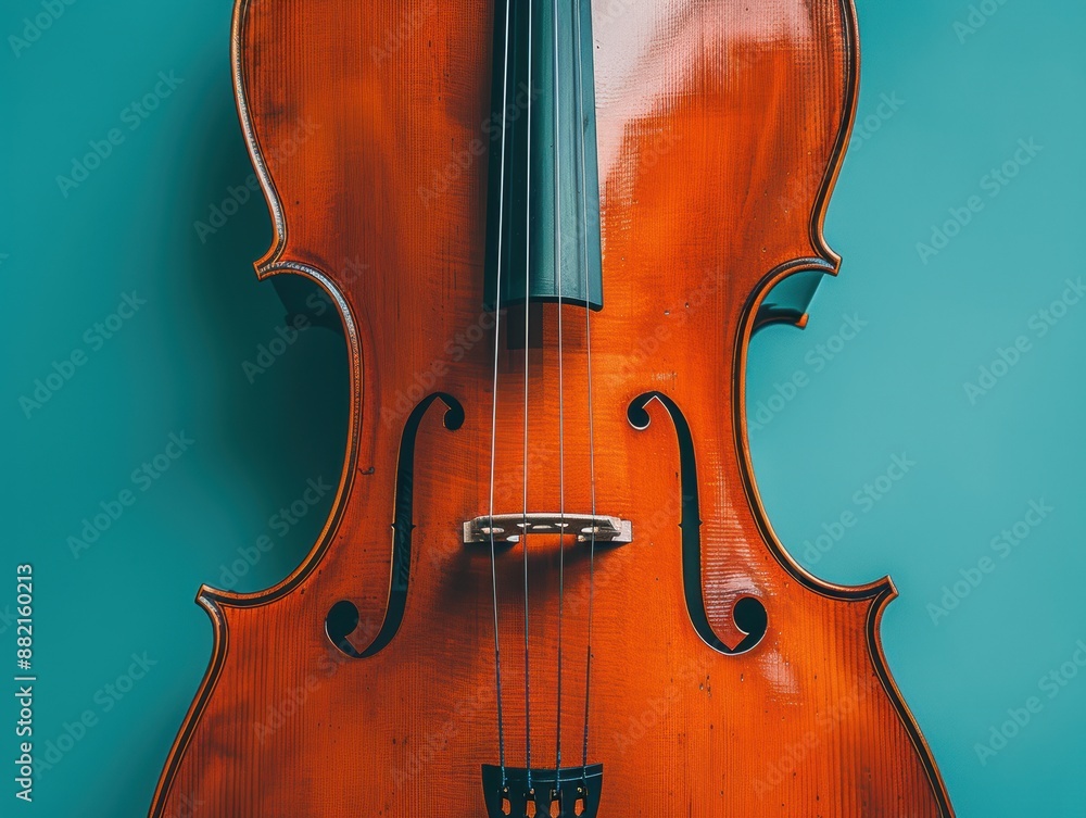 Close-up of an elegant cello with intricate wooden details and a smooth, shiny surface against a teal background, showcasing the beauty and craftsmanship of this classical musical instrument Close-up of an elegant cello with intricate wooden details and a smooth, shiny surface against a teal background, showcasing the beauty and craftsmanship of this classical musical instrument