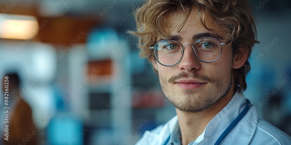 Young male doctor with glasses and stethoscope, dressed in a white lab coat, standing in a modern medical facility with blurred background showing focus on medical professional Young male doctor with glasses and stethoscope, dressed in a white lab coat, standing in a modern medical facility with blurred background showing focus on medical professional