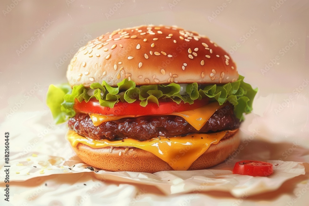 Mouthwatering burger with melted cheese crispy lettuce tomato sesame bun fast food photo realistic front view Mouthwatering burger with melted cheese crispy lettuce tomato sesame bun fast food photo realistic front view