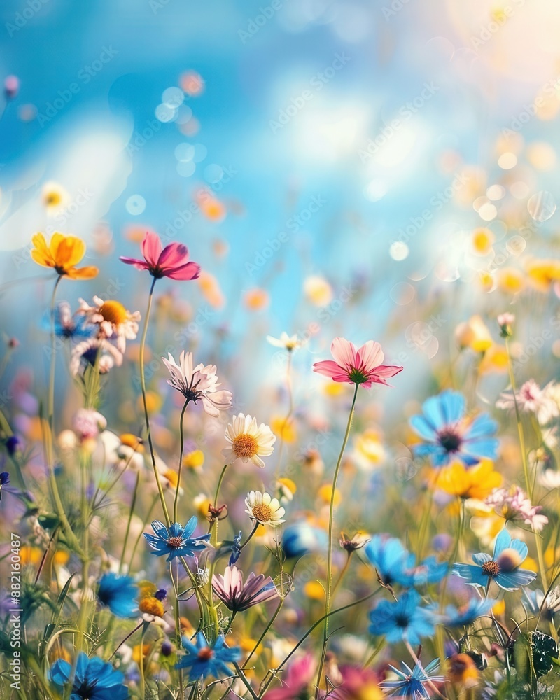 Flower meadow under sunbeams blue sky bokeh lights summer nature background banner colorful wildflowers copy space Flower meadow under sunbeams blue sky bokeh lights summer nature background banner colorful wildflowers copy space
