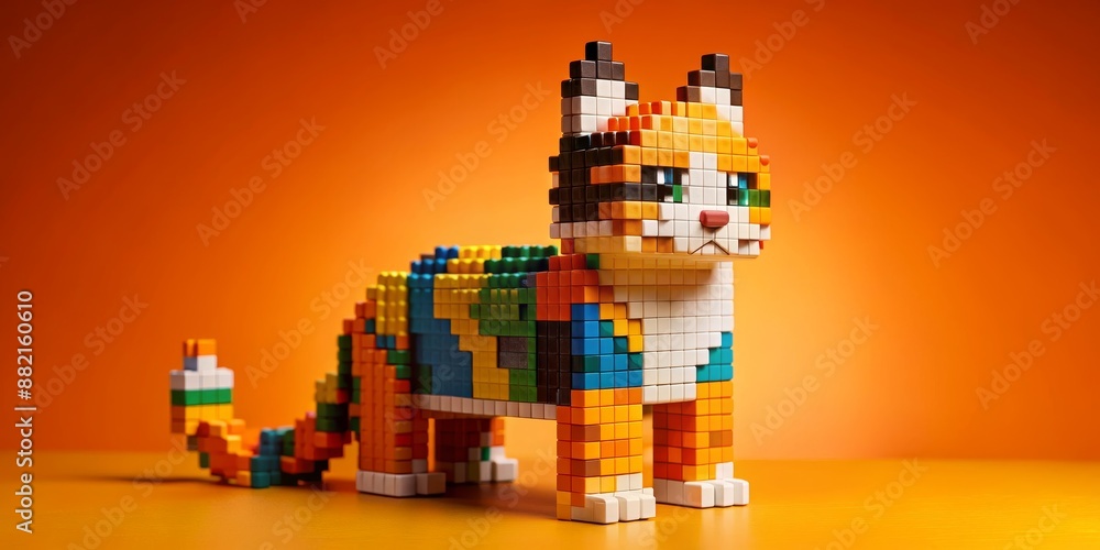 Naklejka premium Pixelated Cat Toy on Orange Background, toy , blocks , cat , 3D model
