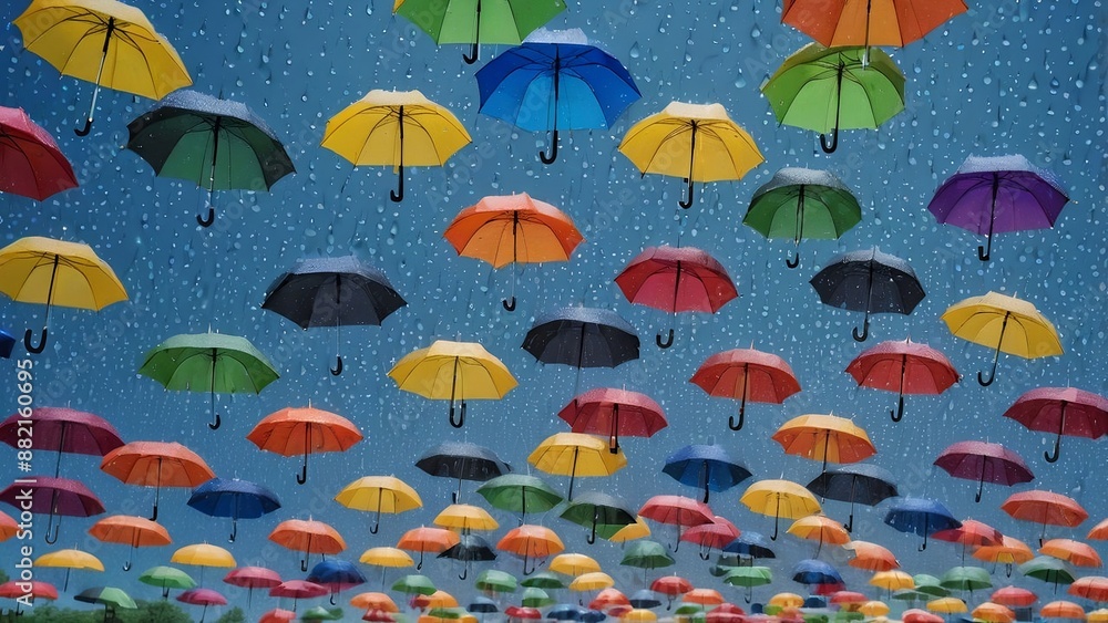 Obraz premium colorful umbrellas in the rain, Umbrella picture in clear sky picture. High definition clear