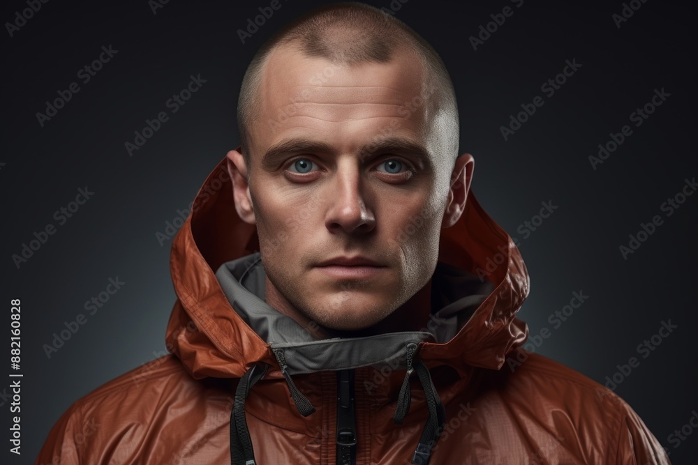Portrait of a content man in his 30s dressed in a water-resistant gilet in front of plain cyclorama studio wall Portrait of a content man in his 30s dressed in a water-resistant gilet in front of plain cyclorama studio wall